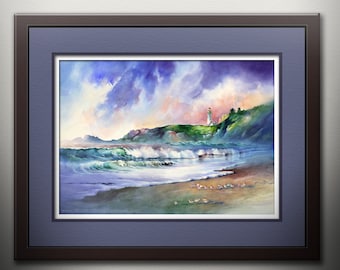 The Surf at Yaquina Head Lighthouse - Watercolor PRINT. Newport Oregon Lighthouse Art Yaquina Head Light Oregon Coast Beach Lighthouse Decor
