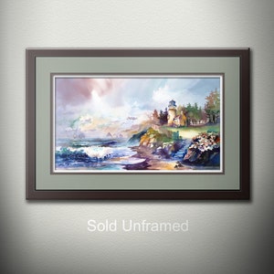 Lighthouse Watercolor Seascape PRINT, Lighthouse Wall Art, Coastal Art, Beach Painting, Pacific Northwest Artist, Lighthouse Wall Decor.