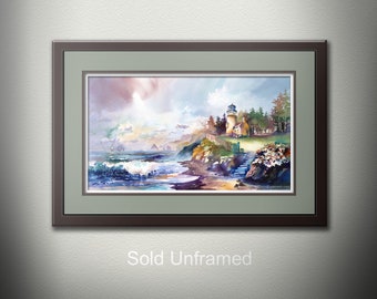 Lighthouse Seascape Watercolor Art Print, Pacific Northwest Coastal Decor