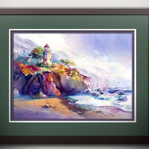 May include: A watercolor painting of a lighthouse on a cliff overlooking a crashing ocean. The lighthouse is white with a red roof and is surrounded by green trees. The ocean is a vibrant blue with white waves crashing against the shore. The sky is a soft purple with white clouds.