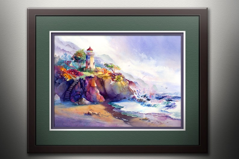 May include: A watercolor painting of a lighthouse on a cliff overlooking a crashing ocean. The lighthouse is white with a red roof and is surrounded by green trees. The ocean is a vibrant blue with white waves crashing against the shore. The sky is a soft purple with white clouds.