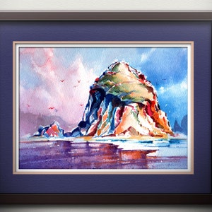May include: Watercolor painting of a rocky island with a purple, blue, and pink sky. The island is surrounded by water and there are birds flying in the sky.