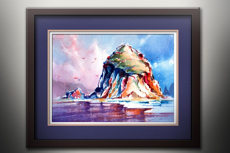 May include: Watercolor painting of a rocky island with a purple, blue, and pink sky. The island is surrounded by water and there are birds flying in the sky.