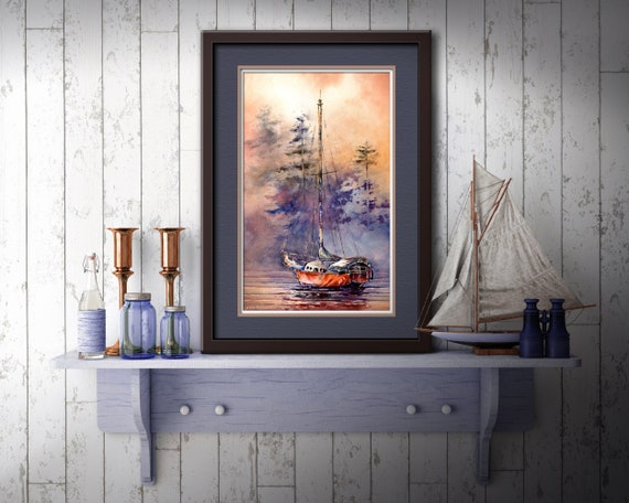 Sailboat Watercolor Art Print: Puget Sound Nautical Painting