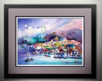 Harbor Evening - Watercolor Painting PRINT by Michael David Sorensen. Gig Harbor, Washington. Puget Sound. Pacific Northwest Art.