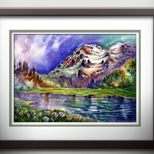 Mt. Rainier From Aurora Lake - Watercolor PRINT. Couple in White Walking in Mountain Meadow Painting. Mountain Lake. Flowers. Purple. Green.