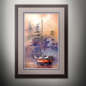 May include: A watercolor painting of a red sailboat in a misty, foggy landscape. The sailboat is anchored in the water with trees in the background. The sky is a soft orange and yellow.