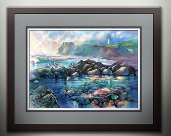 Oregon Coast Art, Newport Oregon Lighthouse PRINT, Tide Pool Art, Yaquina Head Lighthouse Painting, Lighthouse Art, Oregon Lighthouse Gifts