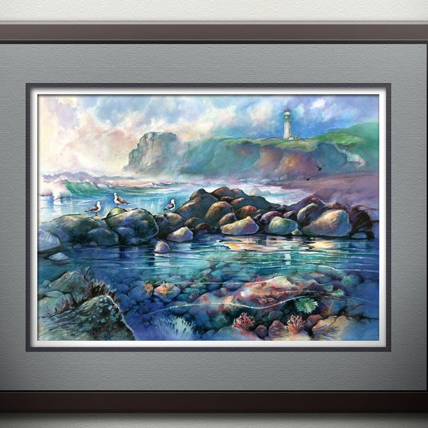 Yaquina Head Lighthouse Art PRINT, Oregon Coast Tide Pools