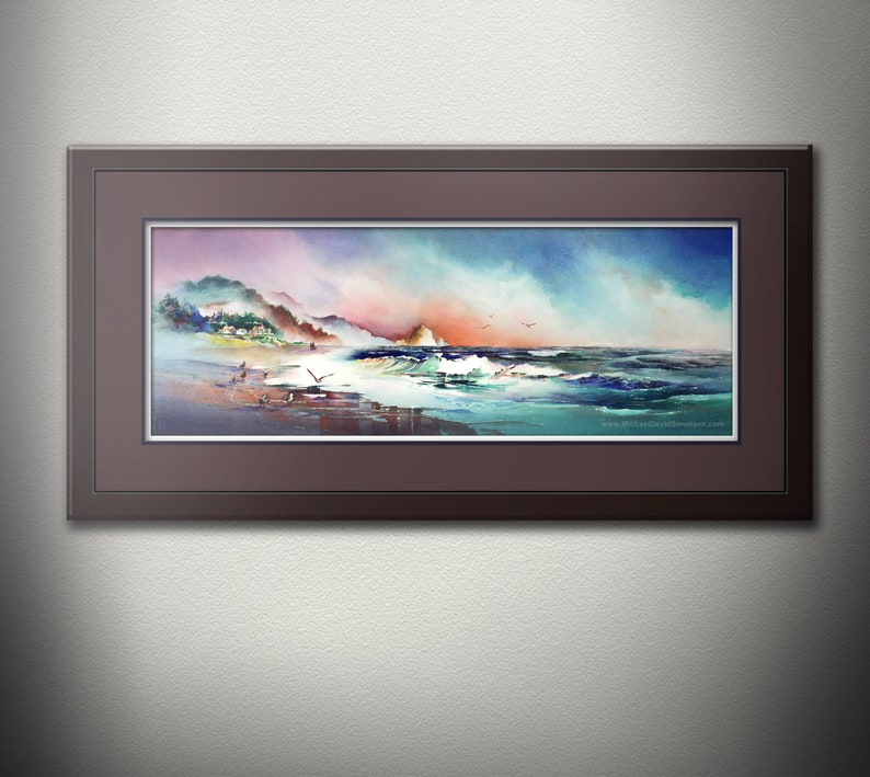 A Lazy Day at Cannon Beach Watercolor Art Print. Beach Painting. Oregon Coast. Haystack Rock. Orange. Blue. Blue Green. Sandy Beach. Ocean. image 4