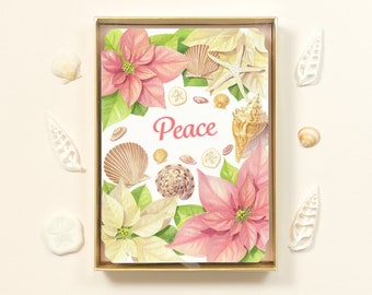 Seashell Christmas Card Boxed Set, Peace Beach Holiday Greeting Card, Pink Blush Poinsettias, Watercolor Floral Shell Core Fine Art Card