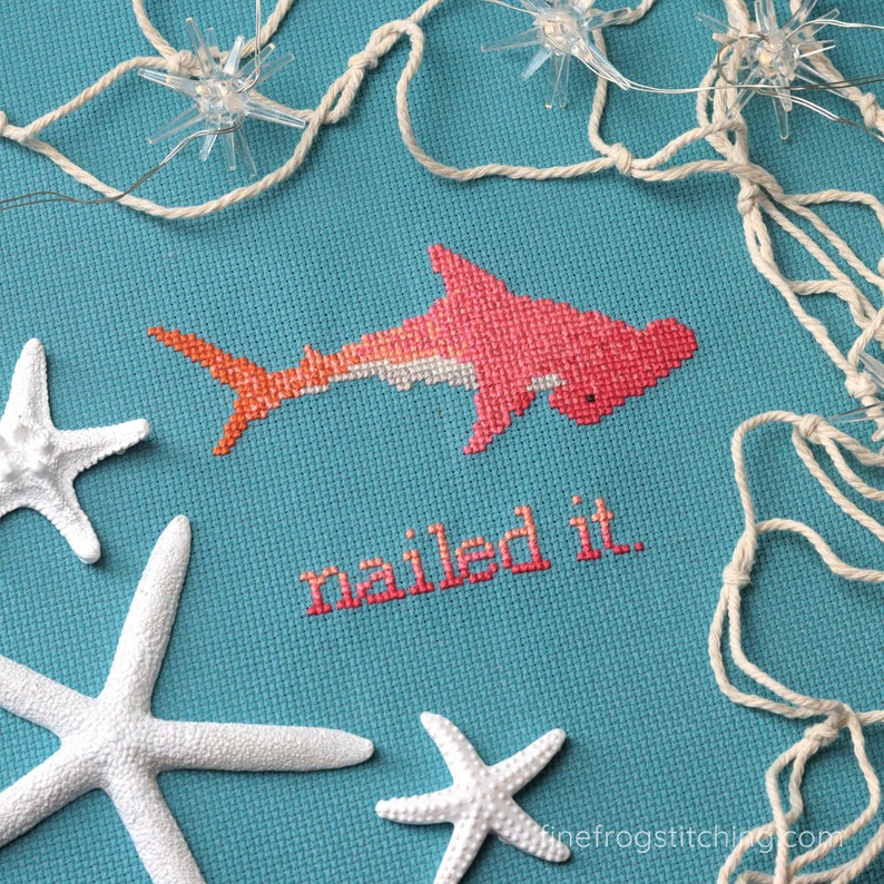 Funny Shark Cross Stitch Pattern PDF Snarky Ocean Whale Hammerhead Shark Nailed It Stitched Example