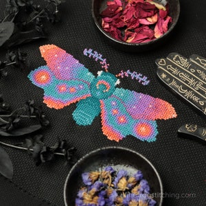 Rising Sun Moth - witchy colorful moth halloween cross stitch pattern PDF