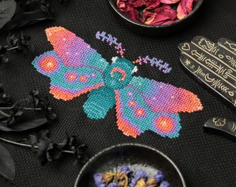 Rising Sun Moth - witchy colorful moth halloween cross stitch pattern PDF