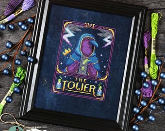 Crow Raven Tarot Card Cross Stitch Pattern PDF Witchy Gothic The Tower Feather Tarot The Tower