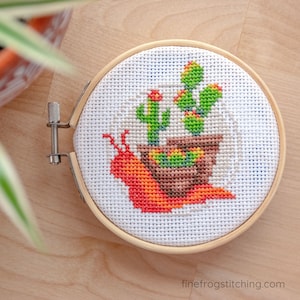 Cactus Garden Snail - boho potted plant snail cross stitch pattern PDF