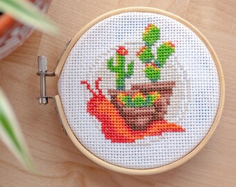 Cactus Garden Snail - boho potted plant snail cross stitch pattern PDF