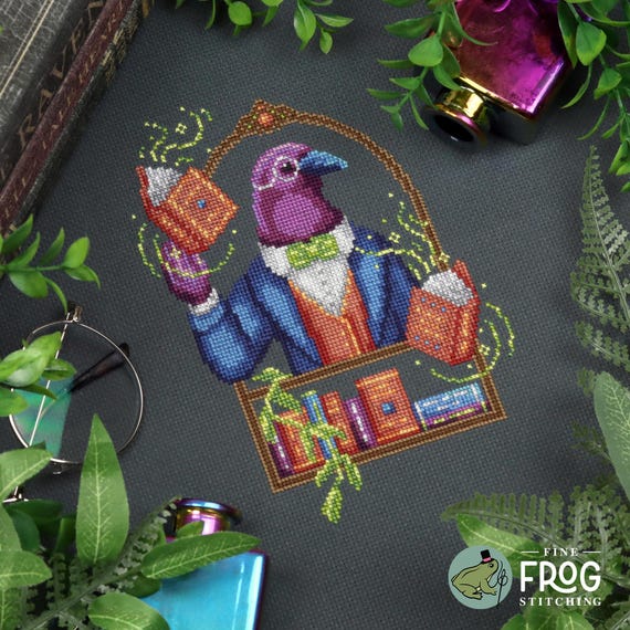 Crow Halloween Book Cross Stitch Pattern PDF Dark Academia Gothic Crow Librarian