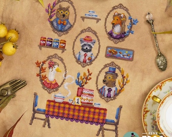 Twigs and Tea - Autumn Tea Party Cross Stitch Pattern PDF