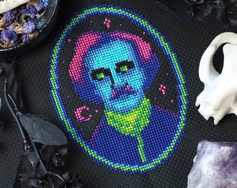 Neon Gothic Edgar Allan Poe Cross Stitch Pattern PDF Dark Book Library Edgar Allan Glow