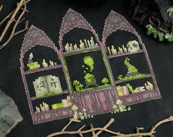 Workspace of the Witch - Halloween witch ghost large gothic cross stitch pattern PDF funny