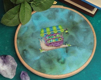 Snail Fantasy Cross Stitch Pattern PDF Magical Whimsical Travelling Snail Merchant