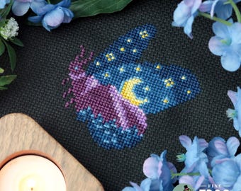Nature Mountain Moth Cross Stitch Pattern PDF Moon Camping Celestial Hiking Mountain Moonrise Moth