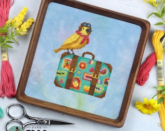 Cute Bird Travel Cross Stitch Pattern PDF Summer Spring Suitcase Bird Globetrotter