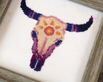 Sunset Steer - nature sun skull cross stitch pattern