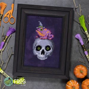 Halloween frog toad witch cross stitch pattern NO AI funny (PDF)