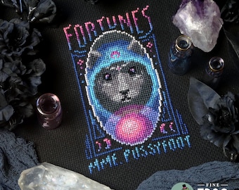 Black Cat Witchy Cross Stitch Pattern PDF Halloween Spooky Feline Fortunes