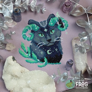 Fantasy Black Cat Gothic Cross Stitch Pattern PDF Witchy Magical Night Guide Cat