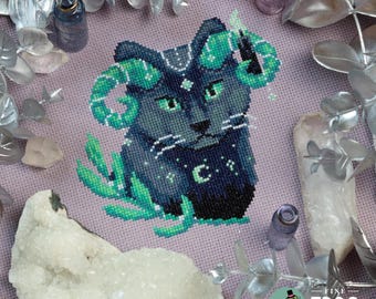 Fantasy Black Cat Gothic Cross Stitch Pattern PDF Witchy Magical Night Guide Cat