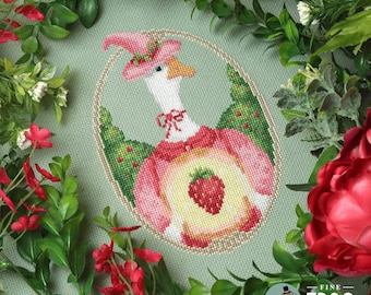 Summer Strawberry Goose Cross Stitch Pattern PDF Cottagecore Pastel Goth Strawberry Goose Witch