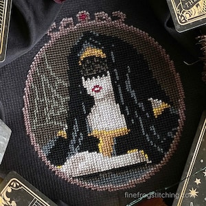 Mourning Veil - witchy skull halloween cross stitch pattern PDF