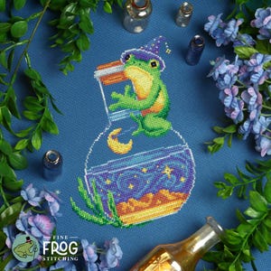 Frog Potion Fantasy Cross Stitch Pattern PDF Magical Wizard Toad Amphibian Alchemist