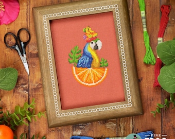 Tropical Parrot Beach Cross Stitch Pattern PDF Travel Beach Mexico Fruit Hat Señorita