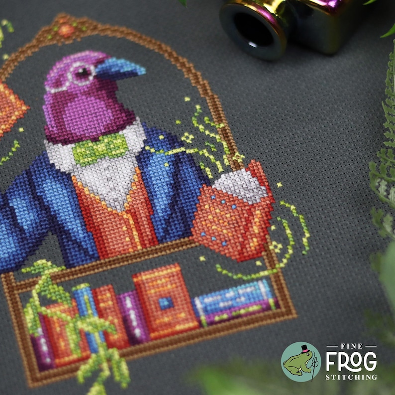 May include: A cross-stitch pattern on dark gray fabric featuring a purple bird with a blue beak wearing a blue jacket, orange vest, and green bow tie. The bird holds an open book with green magical sparkles. Below is a bookshelf with colorful books.