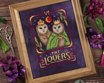 Barn Owl Tarot Card Cross Stitch Pattern PDF Witchy The Lovers Celestial Feather Tarot The Lovers
