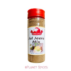 May include: A glass jar with a red lid filled with brown spice blend. The label reads "Planet Spices Pure Authentic Spices Jal Jeera Mix" and "Net Wt.: 100 g (3.53 oz)".