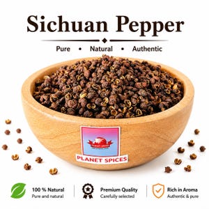 May include: A wooden bowl filled with dried brown Sichuan pepper husks. The text "Sichuan Pepper" appears at the top, with "Pure • Natural • Authentic" below. A "Planet Spices" label is on the bowl, with icons for natural, quality, and aroma.