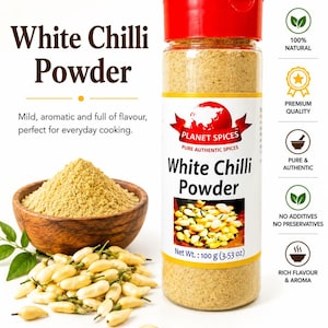 May include: A clear plastic bottle of Planet Spices White Chilli Powder with a red cap, containing 100 grams or 3.53 ounces. Beside it sits a wooden bowl filled with the powder and several fresh white chili peppers on a white background.