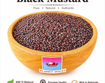 May include: A wooden bowl filled with small, dark brown black mustard seeds. The text Black Mustard, Pure, Natural, Authentic, and Planet Spices appears on the image. Below are icons with text 100% Natural, Premium Quality, and Rich in Nutrients.