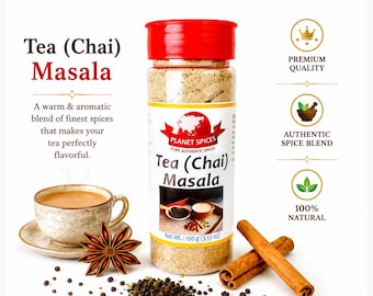 May include: A clear plastic jar of Planet Spices Tea (Chai) Masala with a red lid, containing 100 g (3.53 oz) of spice blend. The label features the product name, a cup of tea, star anise, and cinnamon sticks. Text includes Premium Quality.