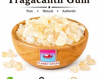 May include: A wooden bowl filled with translucent, pale yellow tragacanth gum crystals. The text "Tragacanth Gum", "Pure • Natural • Authentic", and "PLANET SPICES" appears on the product label and above the bowl, with additional icons below.
