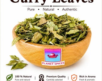 May include: A wooden bowl filled with dried green curry leaves. The text "Curry Leaves" appears at the top, with "Pure • Natural • Authentic" below. A label on the bowl reads "PLANET SPICES". Icons and text indicate natural, premium quality.