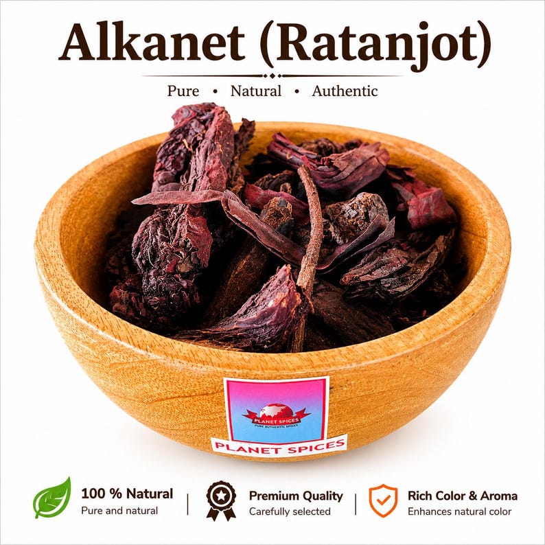 May include: A wooden bowl filled with dried, dark reddish-brown Alkanet Ratanjot roots. The text reads Alkanet (Ratanjot), Pure, Natural, Authentic, Planet Spices, 100% Natural, Premium Quality, Carefully selected, Rich Color & Aroma, Enhances natural color.