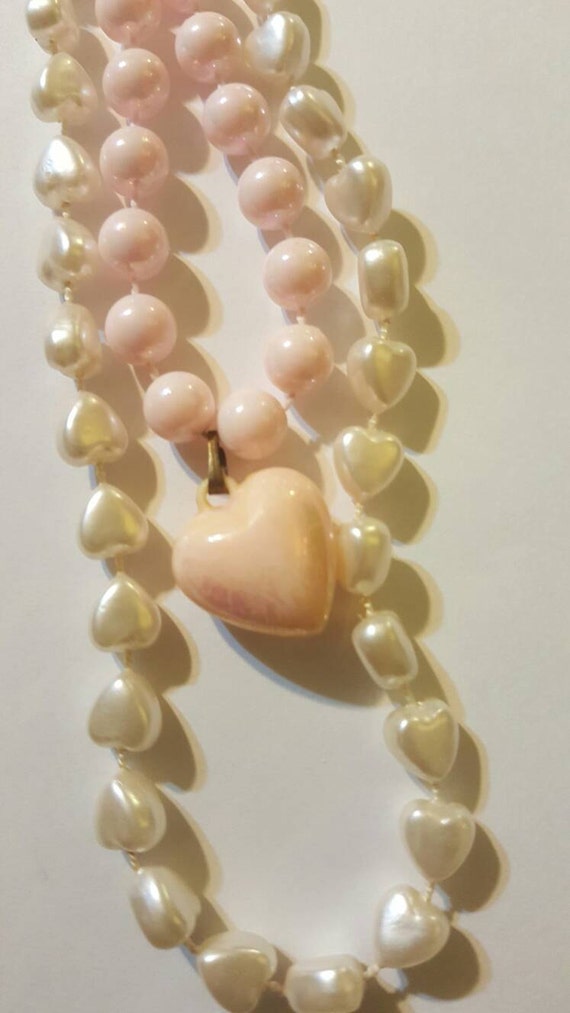 White and pink HEARTS beaded necklace vintage jewelry | Etsy