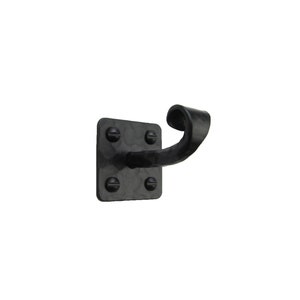 May include: Black metal wall mounted hook with a square base and a curved arm.