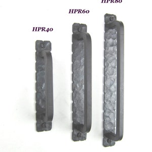 May include: Three black metal door pulls in different sizes. The pulls are rectangular with a rounded top and bottom. The pulls are labeled HPR40, HPR60, and HPR80.
